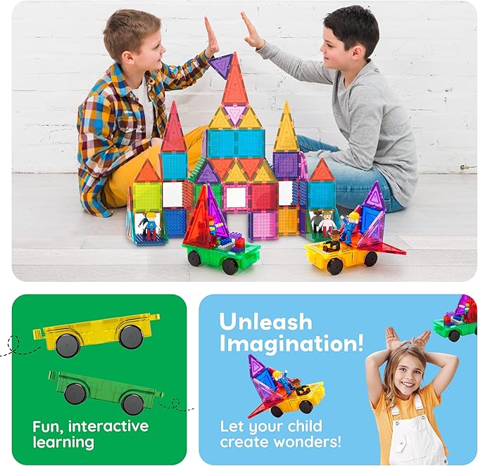 PicassoTiles 2pcs Magnetic Tiles Expansion Car Truck Building Blocks Compatible with regular bricks, Kids Magnet Bricks STEM Learning Toys, Add-ons Toddler Preschool 3 Years and up Boys and Girls PT21