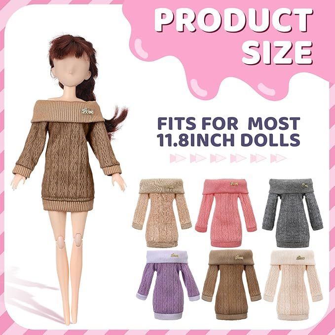 Fourluoo 6 Pcs Winter Doll Clothes 11.8 Inch Fashion Doll Sweater Outfits Sweet Accessories for Xmas Party Birthday Gifts(Grey, Dark Coffee, Light Coffee, Pink, White, Purple)