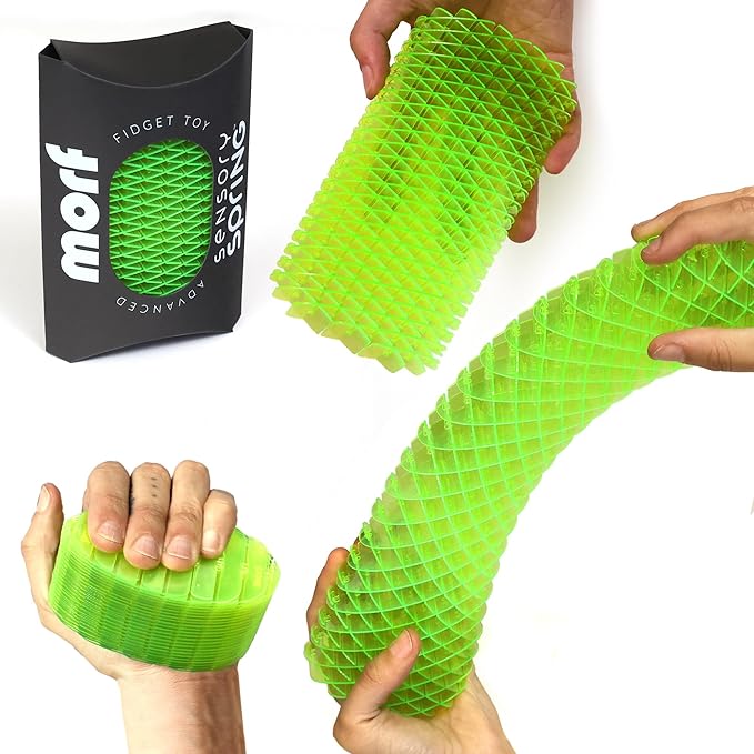 Morf Fidget Sensory Spring Green – 3D Slug Spring Toy for Kids, Teens, and Adults - Stretchy, Quiet, Stress and Anxiety Relief, Focus - for Play, School, Work Gifts, Great for Classroom, Office