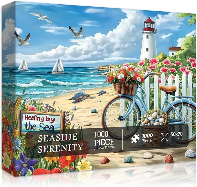 PICKFORU Beach Puzzles for Adults 1000 Pieces, Coastal Lighthouse Puzzle with Flowers Bike Sea Turtle, Nature Summer Ocean Jigsaw Puzzles, Seaside Scenery Challenge for Adults