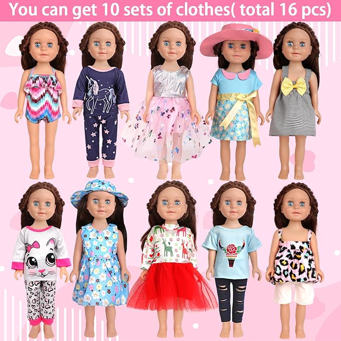 10 Sets of 18 Inch American Doll Clothes, Including 10 of Doll Clothing Dress Outfits for American Dolls, Birthday Gifts for Kids