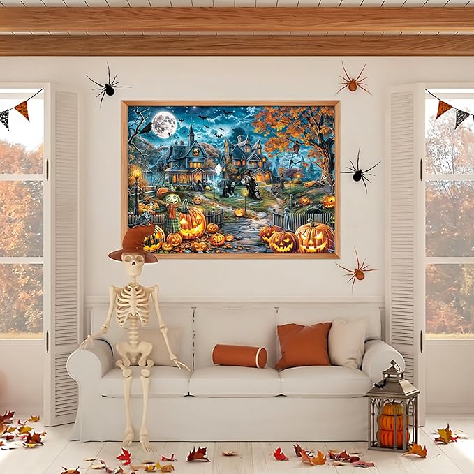 Halloween Puzzle for Adults 1000 Pieces Bats Full Moon Haunted House Witches Pumpkins Jigsaw Puzzles for Adults 1000 Piece Dark Fantasy Halloween Scene