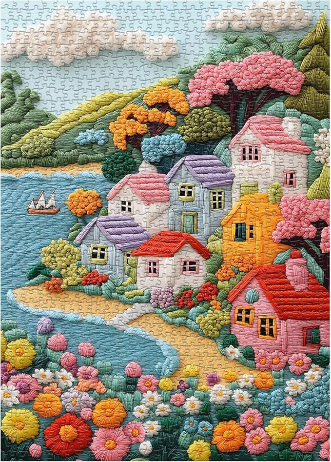 Embroidery Village Jigsaw Puzzle 1000 Pieces, Seaside House Scenery Puzzles for Adults, Beach Coastal Landscape Puzzles with Flower Tree Sailboat, Colorful Village Floral Wall Decor