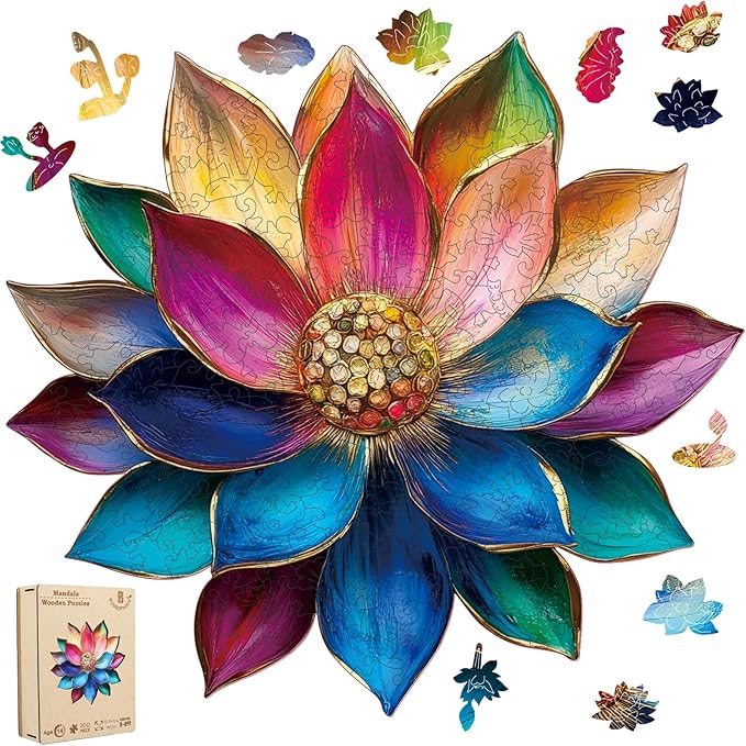 Wooden Puzzles for Adults, Lotus Flower Jigsaw Puzzles 5MM, 200 Pieces Unique Shape Puzzles with Box, Have Challenging Gifts for Adults and Kids, Puzzles for Women Birthday Family Game 12.3x11.4in
