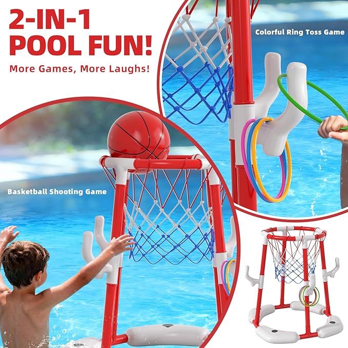 Pool Basketball Hoop for Kids 4-8 & 8-12 Years Old - 2-in-1 Floating & Above Ground Water Game with 4 Balls, 12 Rings & Pump, Outdoor Play Swimming Pool Toy for Adult Summer Party