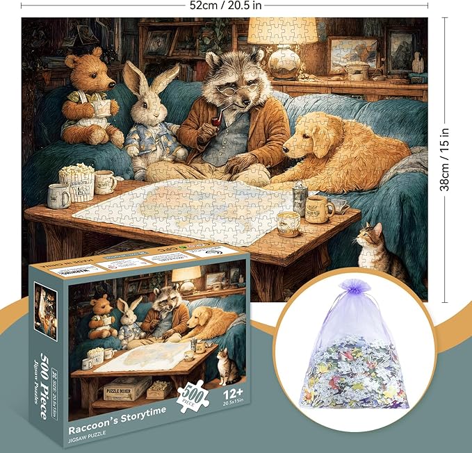 500 Piece Puzzle for Adults –Raccoon Grandpa Telling Stories Jigsaw Puzzles 500 Pieces, Puzzles for Adults 500 Pieces, Challenging Perfect for Game Nights, 20.5 X 15 in