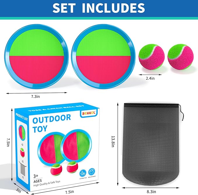 Bennol Toss and Catch Ball Game Outdoor Toys for Kids with 2 Paddle, 2 Balls and A Storage Bag, Outdoor Outside Games for Kids Ages 3 4 5 6 7 8 9 10, Yard Backyard Beach Outside Games