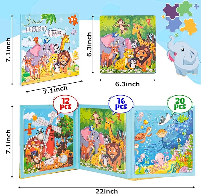 LovesTown Magnetic Puzzles Book Animal Educational Learning Toys Travel Game for Toddlers Boys and Girls Road Trip Activities