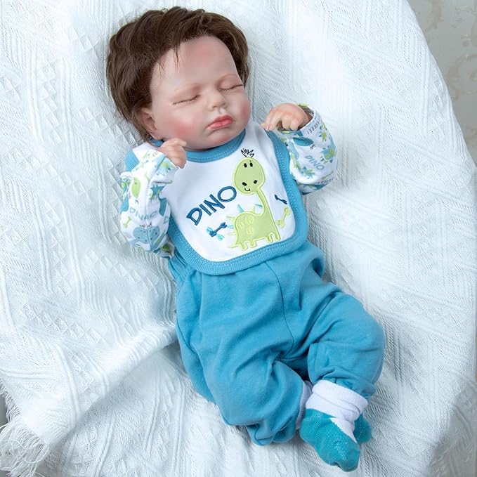 4 Pcs Reborn Baby Doll Clothes Boy for 17- 22 Inch Babydolls, Blue Dinosaur Outfits Realistic Reborn Baby Doll Accessories with Bib and Socks for Newborn Baby Boy