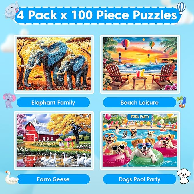 Puzzles for Kids Ages 6-8 8-10 Year Old - Elephants, Farm, Beach, Dogs, Large Piece Puzzles for Seniors Adults 100 Pieces Jigsaw Puzzle for Kids Ages 4-6, Learning Educational Toys