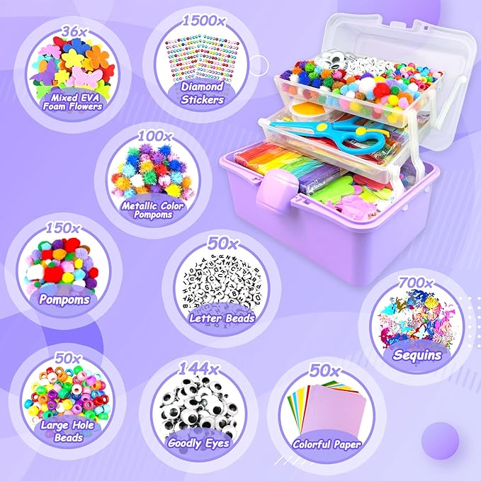 3000 Arts and Crafts Supplies for Kids Craft Kit Craft Box with Pipe Cleaners Arts and Crafts for Kids Age 4-6, 6-8, 8-12 DIY School Supplies Materials Set Toys Gifts for Girls Boys Toddlers, Purple