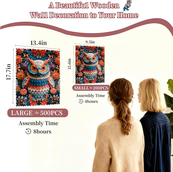 MEATRN Multicolored Owl Wooden Puzzles for Adults - 515 Pieces Natural Wood Jigsaw Puzzle, Laser-Cut Precision, Forest Wildlife Animal Theme, Relaxing Family Game & Creative Gift, 13.4x17.7in