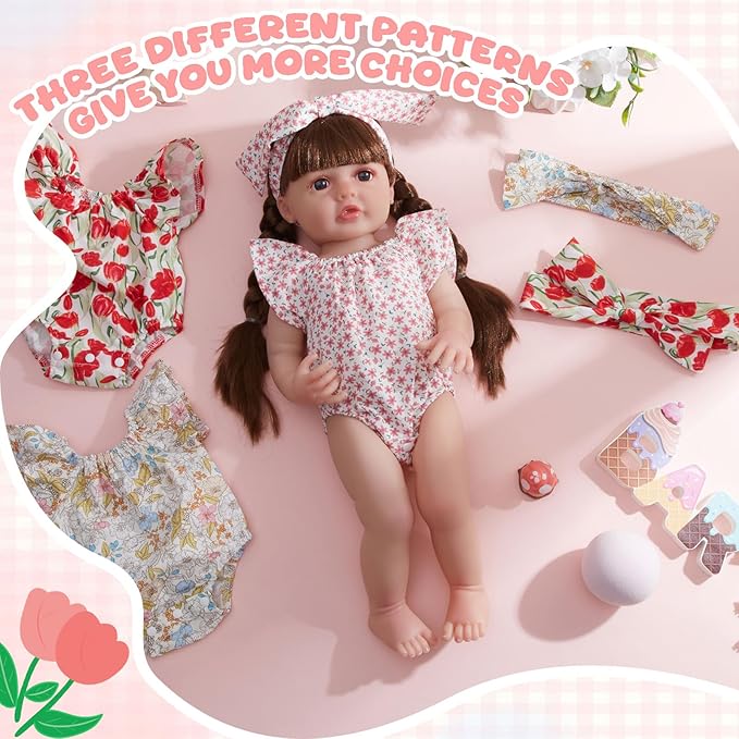 3 Set Reborn Baby Doll Clothes Set for 17-22 Inch Colorful Babydolls Clothes Outfits Realistic Babydolls Cute Floral Pattern Dress Accessories with Headband Bulk for Dress up Girl Kids Gift