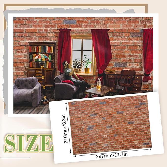 Flutesan 6 Pcs Miniature Dollhouse Wallpaper and Flooring Peel and Stick Mini DIY Self Adhesive Dollhouse Accessories 8.27 x 11.69 Inch (Red Clinker)