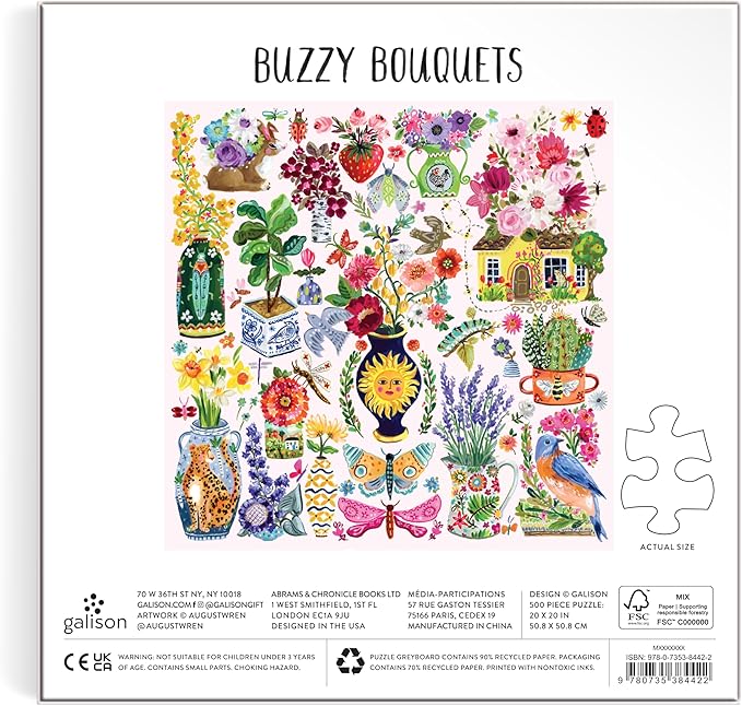 Galison Buzzy Bouquets – 500 Piece Jigsaw Puzzle Featuring Beautiful Artwork of Quirky Flower Vases and Buzzy Insects