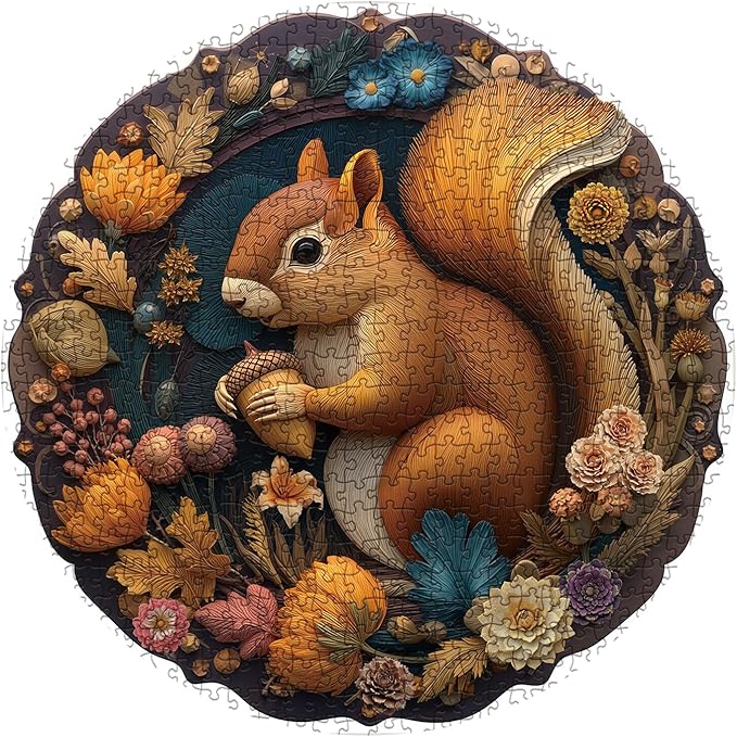 Flower Squirrel Puzzle for Adults 1000 Pieces, Cute Animal Jigsaw Puzzle, Round Colorful Fall Autumn Plant Floral Puzzle