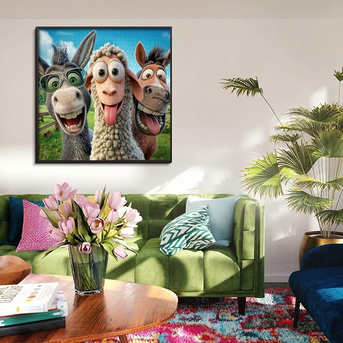 PICKFORU Laughing Ranch Jigsaw Puzzles 1000 Pieces, Funny Farm Animal Puzzles for Adults, Donkey Horse Sheep Puzzle as Home Decor