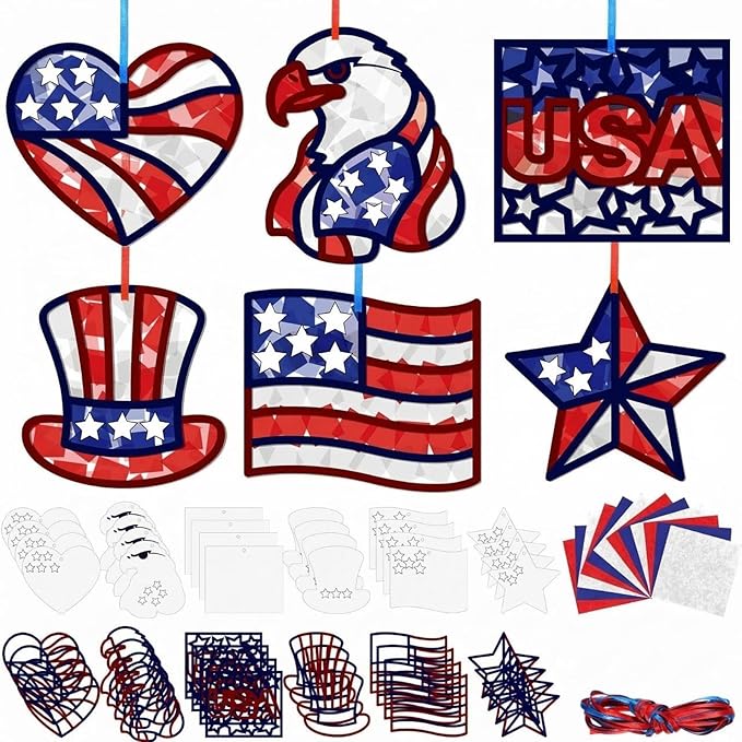 24 Set Veterans Day Patriotic Suncatchers Crafts DIY American Flag Crafts Window Tissue Paper Kit Independence Day Hanging Decor for Home Activities Window Art(Patriotic)
