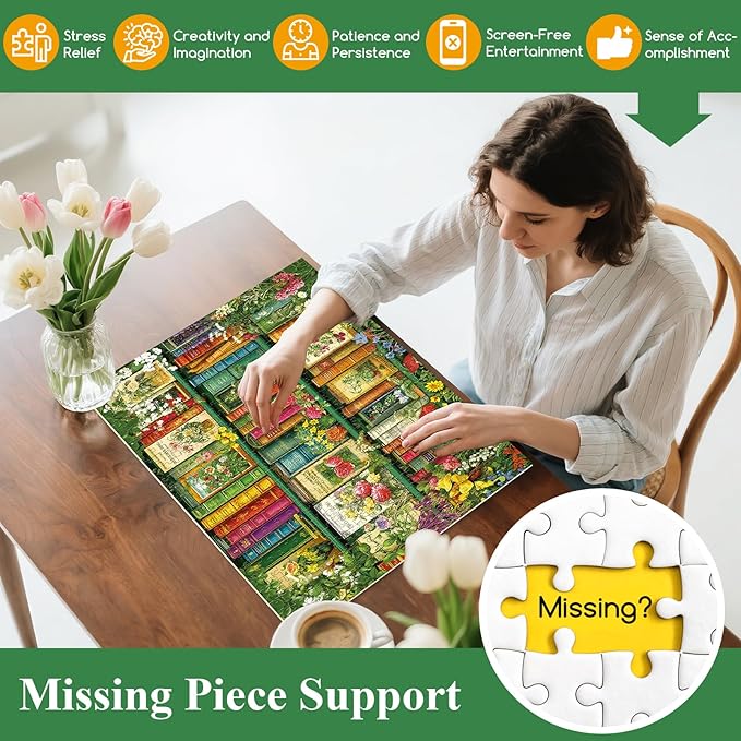 500 Piece Puzzle for Adults | Wildflowers Vintage Book Puzzle | Recycled Cardboard Flower Bookshelf Jigsaw Puzzles 500 Pieces | Challenging Fall Plant Floral Puzzles Perfect for Game Nights 20.5*15in
