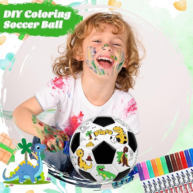 Size 4 Color Your Own Soccer Ball Black Dinosaur DIY Custom Craft Kit with Pump 12 Markers Personalized Youth Toddler Training Paint Your Own Toy Creative Gift for Kids