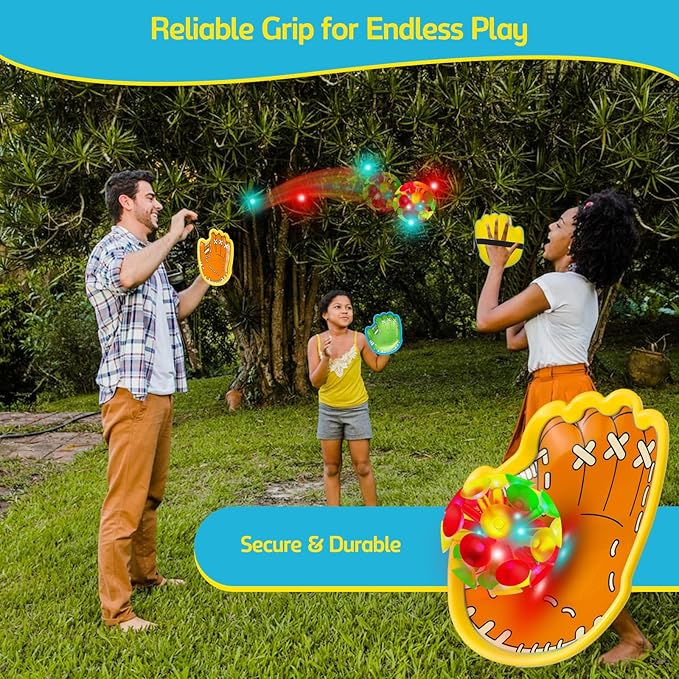 punkdog LED Toss and Catch Ball Game Set - 1 LED and 1 Regular Suction Cup Ball with 2 Easy-Grip Gloves - Beach Sports Toys for Kids - Outdoor Games for Backyard or Park - Easter Gift for Kids