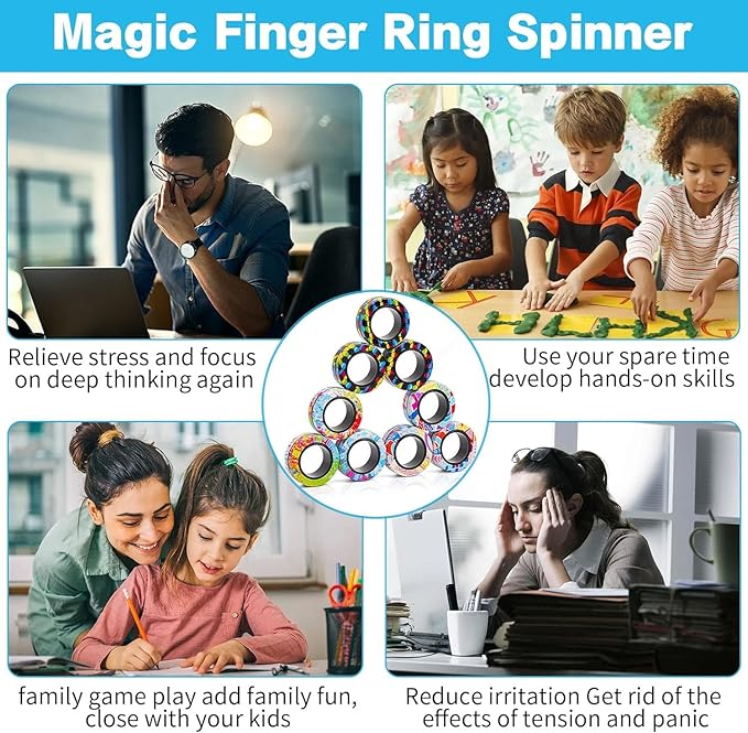 12Pcs Magnetic Rings Fidget Toys Spinner Set Easter Basket Stuffers for Kids Party Favors,Finger Magnet Rings Endless Hours of Fun ADHD Stress Relief Fidget Spinners for Birthday Adults