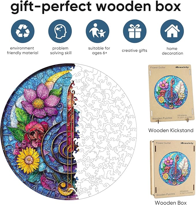 Reouinty Wooden Puzzles for Adults 200 Pieces, Flower Guitar Jigsaw Puzzle for Mom, Beautiful Wall Decor, Challenging Puzzle, Unique Shaped Wood Puzzles Piece, Gift for Family Game 11.2x11.2 in