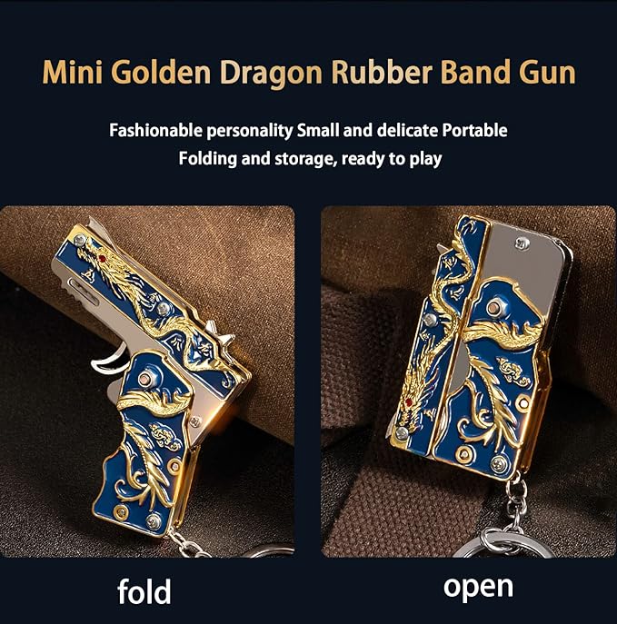 Mini Golden Dragon Rubber Band toy gun Metal folding keychain Rubber band gun toy Novel and funny Creative Outdoor party gift (Blue Golden Dragon)