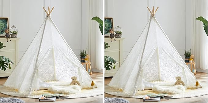 Asweets Kids Teepee Tent, Children Play Tent, Indoor Outdoor Cotton Play Tent for Girls & Boys Kids (White Lace Tent) (Pack of 2)