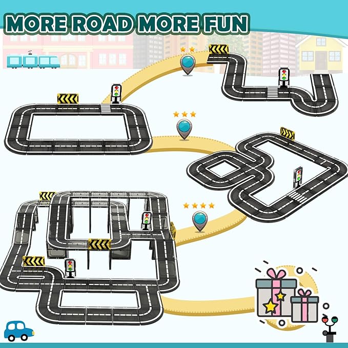 Magnetic Tiles Road Expansion Pack, STEM Magnet Building Blocks for Toddler Kids Toys, Montessori Educational Toys for 3+ Year Old Boys & Girls, Creative Toy Gifts for Kids