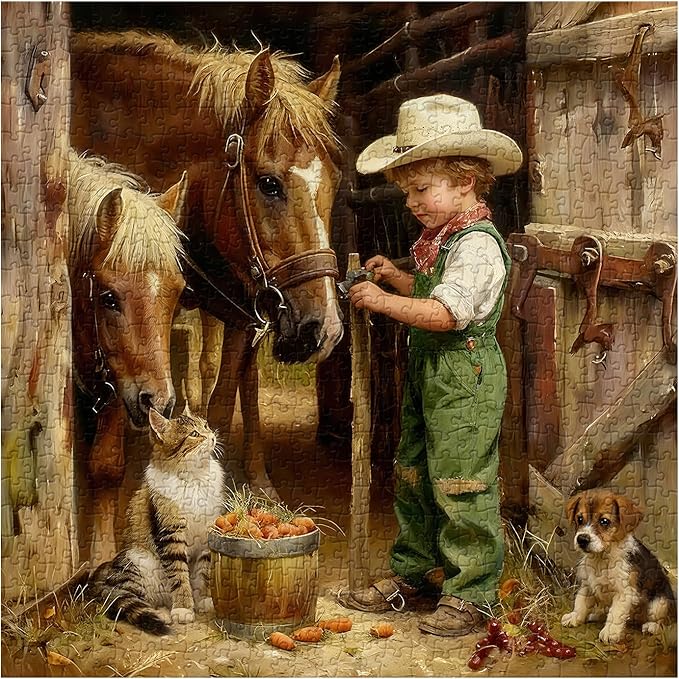 Country Farm Animals Puzzles for Adults 1000 Pieces, Vintage Cowboy Boy with Horses, Cat, Puppy Scene Jigsaw Puzzle, Challenging Rustic Barn Farmhouse Art Puzzle