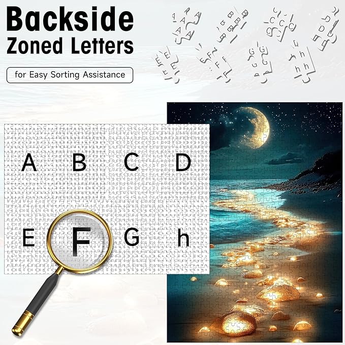 500 Piece Puzzles for Adults, Beach Night Landscape Jigsaw Puzzle with Glowing Stones & Moon, Cardboard Puzzle with Letters on Back for Game Nights & Home Decor, 15×20.5 Inch