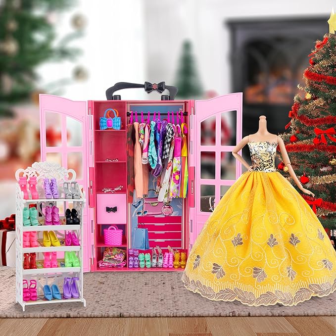 Ecore Fun 120 Pcs Fashion Doll Closet Wardrobe for Clothes and Accessories Storage Include Clothes, Dresses, Shoes, Shoes Rack, Bags, Necklace, Hangers for 11.5 Inch Girl Doll Clothes