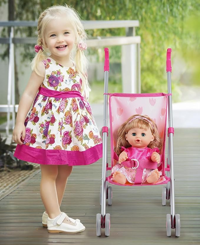 GAGAKU Baby Doll Stroller Playset with 12-inch Doll & Accessories, Foldable Lightweight Toy Stroller for Toddler Girls Kids Ages 1-6, 12" Baby Doll and Accessories Included - Tulip Pattern