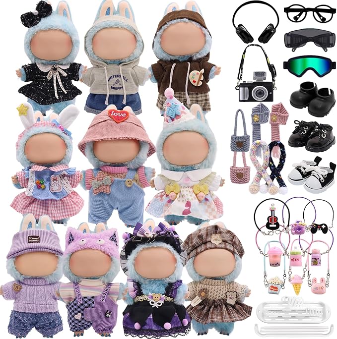 Clothes for Labubu, 39-Piece Clothes and Accessories Set Designed for Labubu Doll Clothes, Includes Glasses, Shoes, Headphones, Camera, Clothes Rack, Scarf, Knitted Bags, and 9 Mini Accessories