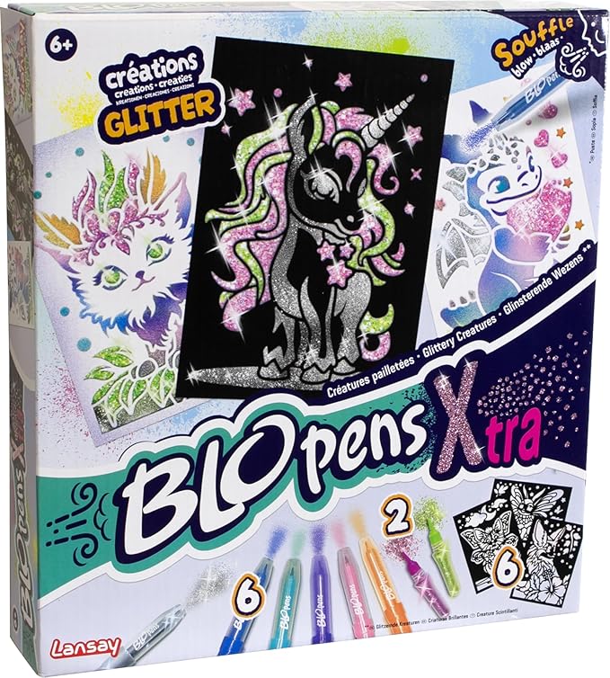 Lansay - BLOPENS X-TRA - Sparkling Creatures Set - Painting Set Made of Dandelion Felt with Reusable Stencils and Glitter Tubes - Gift Idea for Children from 6 Years - 6 Fantastic Drawings