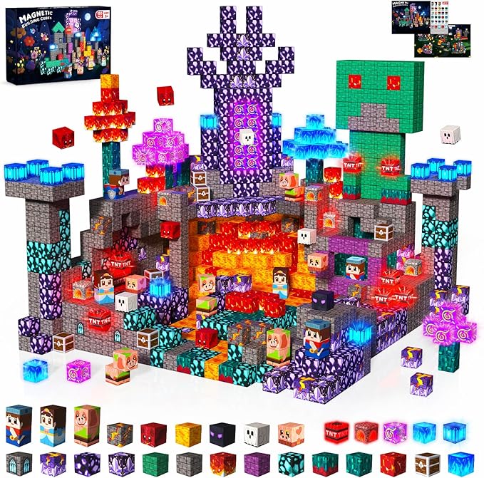 150PCS Magnetic Blocks with Light up Blocks - Magnetic Building Blocks for Kids Ages 4 5 6 7 8 9 10, Magnetic Light up Building Blocks, STEM Sensory Learning Toys, Birthday Gift for Kids Ages 3+