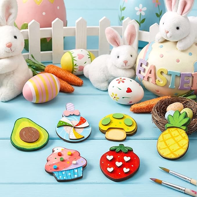 JOYIN 12 pcs Wooden Magnets, Painting Craft for Boys and Girls, Spring and Rainy Day Activities Kit, Craft Toys Gifts for Kids Birthday Easter