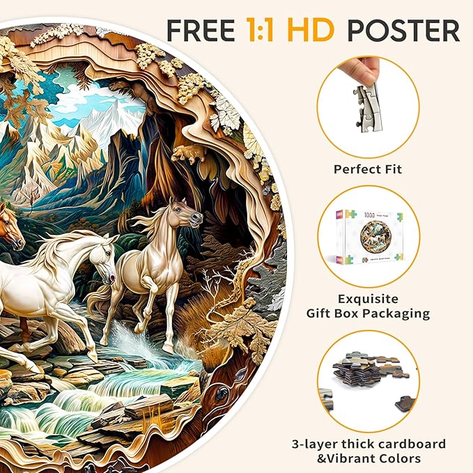 Masseruon 1000 Piece Puzzle for Adults, 26.6 * 26.6in Horse Puzzle for Adults, 1000 Pieces Flat Puzzles with 3D Visual Effect When Completed, Adult Puzzles Games