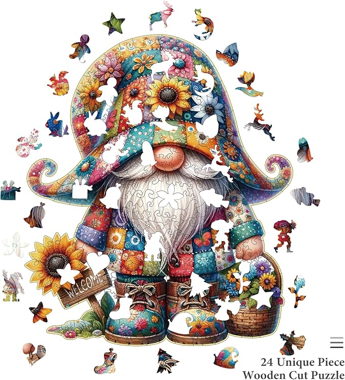 Wooden Jigsaw Puzzles, 300 Pieces Gnome Wooden Puzzles for Adults with Unique Shape, Large Wooden Puzzles with Exquisite Wooden Box Packaging