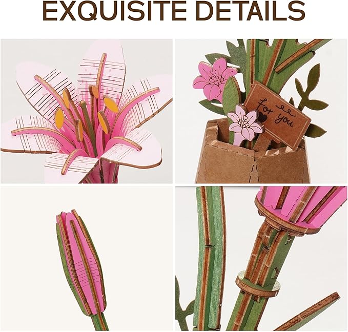 ROBOTIME 3D Wooden Lily Flower Puzzle TW071 - DIY Assembly Model Kit, Artificial Wood Flowers for Home Decoration, Relaxing Crafts for Adults, Valentine's Gift