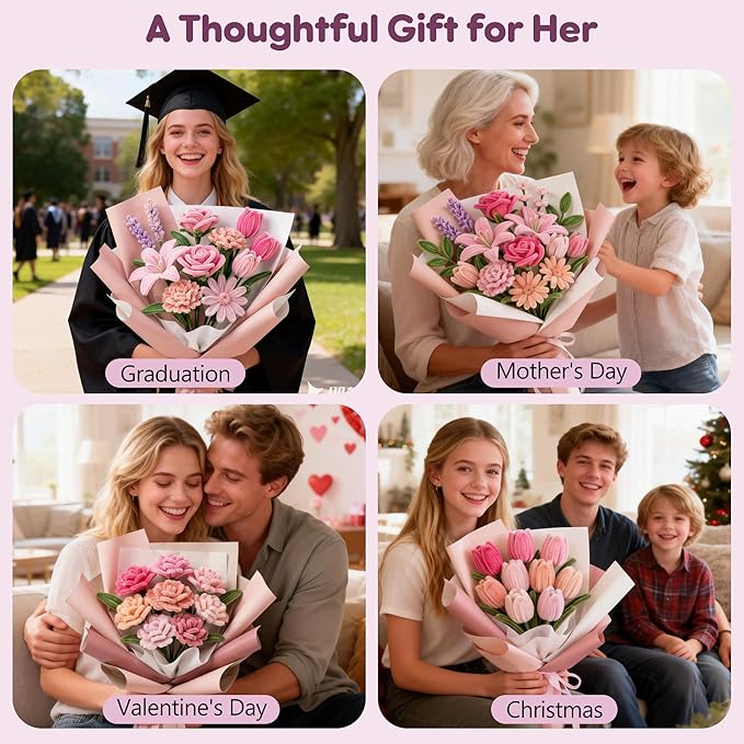 EARLY MINDS 800Pcs Pipe Cleaner Flower Bouquet Kit, 8 Colors Romantic Pink Chenille Stems Craft Making Set with Floral Tape, Flower Stems, Gift Wrap & More, DIY Bouquet Handmade Gifts for Mother