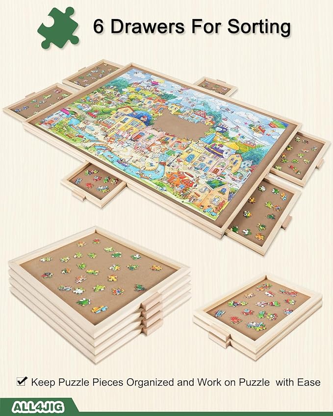 ALL4JIG 1000 Pieces Rotating Puzzle Board with 6 Drawers and Cover,22"x30"Portable Wooden Jigsaw Puzzle Table for Adults,Lazy Susan Spinning Puzzle Boards Birthday Gift for mom
