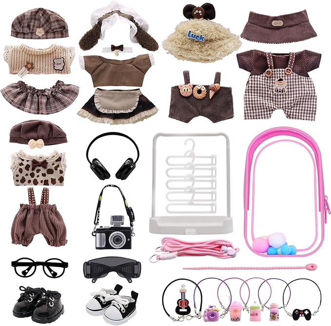Clothes for Labubu, 23-piece Clothes and Accessories Set Designed for Labubu Doll Clothes, Includes Display Bag, Clothes Rack, Headphones, Camera, Glasses, Shoes, and 6 Mini Accessories - Style C