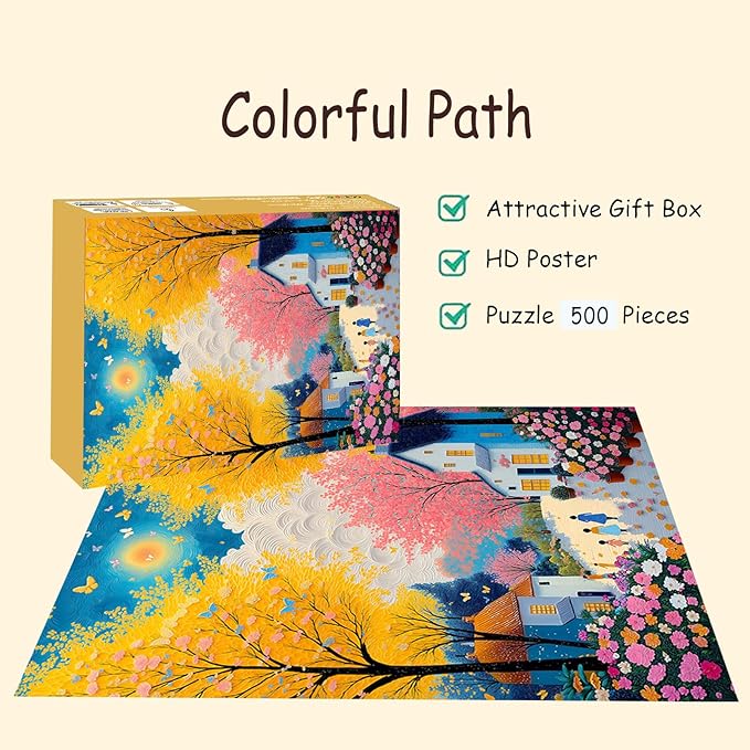 Puzzles for Adults 500 Pieces, Cherry Blossom Jigsaw Puzzles - Colorful Path, Impossible Colorful Wall Art Puzzle for Seniors Families, 20.47x14.96 Inches, 1:1 Poster, Letter On The Back
