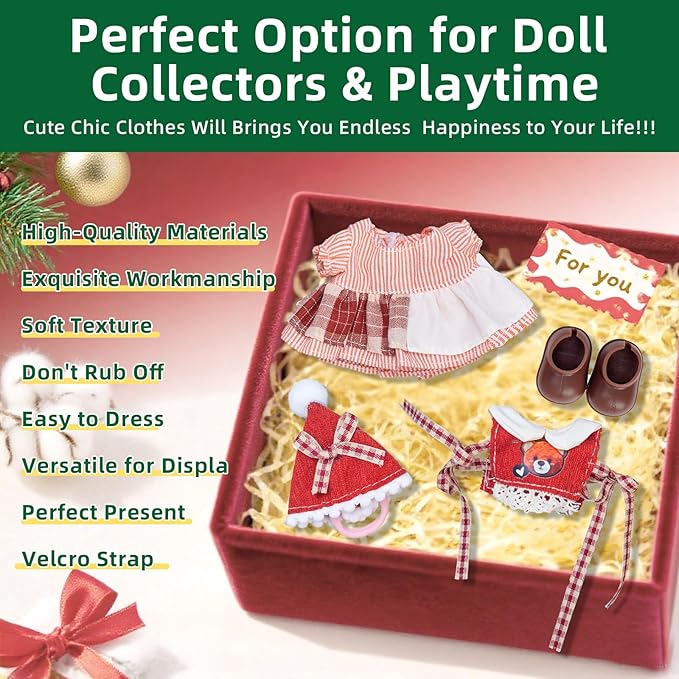Clothes for Labubu 17cm Doll (NO Doll), 4 Piece Labubu Clothes Set, Cute Labubu Outfits with Accessories, Handmade Crochet La Bubu Doll Dress Up Set（Party Bear）