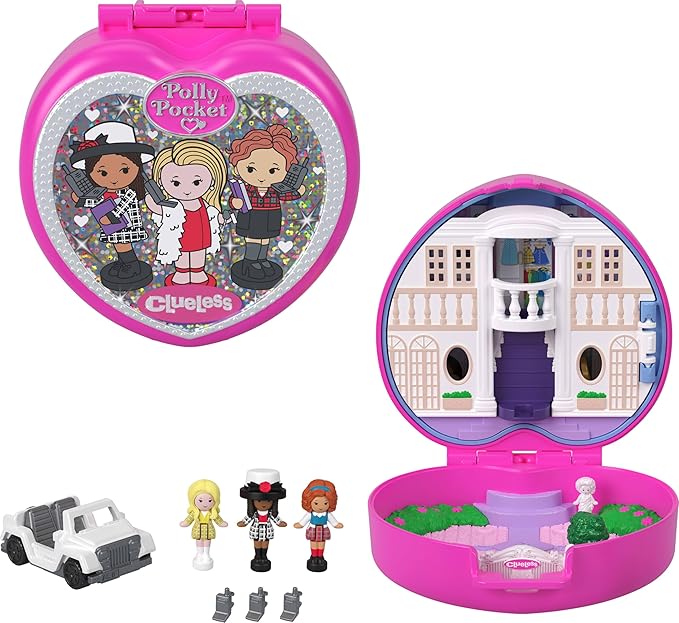 Polly Pocket x Clueless Collector Compact, Micro Dolls and Playset, 5 Themed Accessories Including Toy Car, Cher, Dionne, & Tai