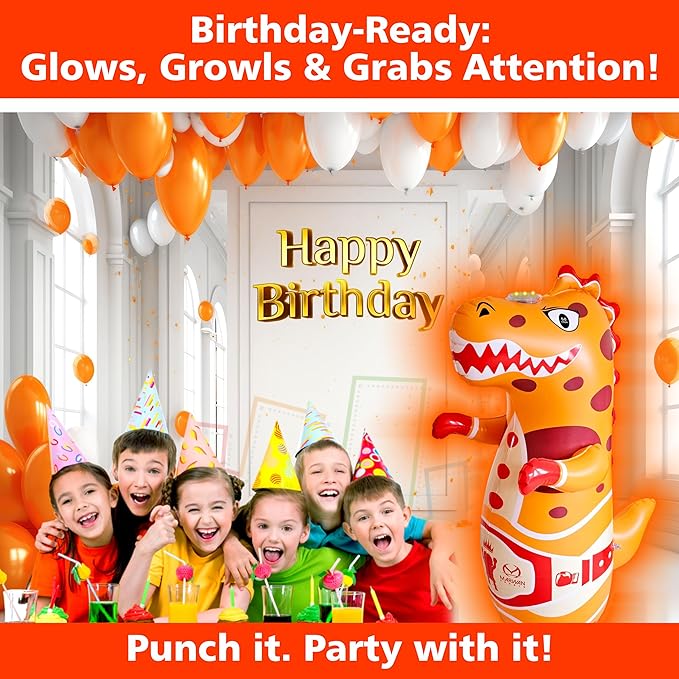 Marwan Sports Punch, Light & Roar Dinosaur Punching Bag – 47" Inflatable Bop Bag for Kids Ages 3-14 | Bounce-Back Toy with Lights & Roaring Sounds | Active Play Gift for Toddlers & Children