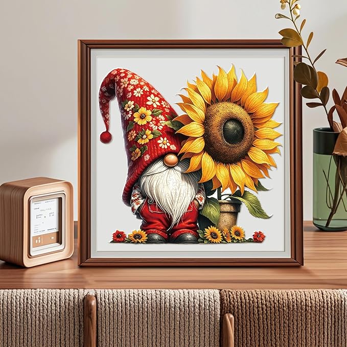 Wooden Puzzles for Adults, Sunflower Gnome 200 Pieces Wooden Jigsaw Puzzles with Unique Shape, 10.3x10.6 Inch Wooden Puzzles Kits for Great Gift Family Game