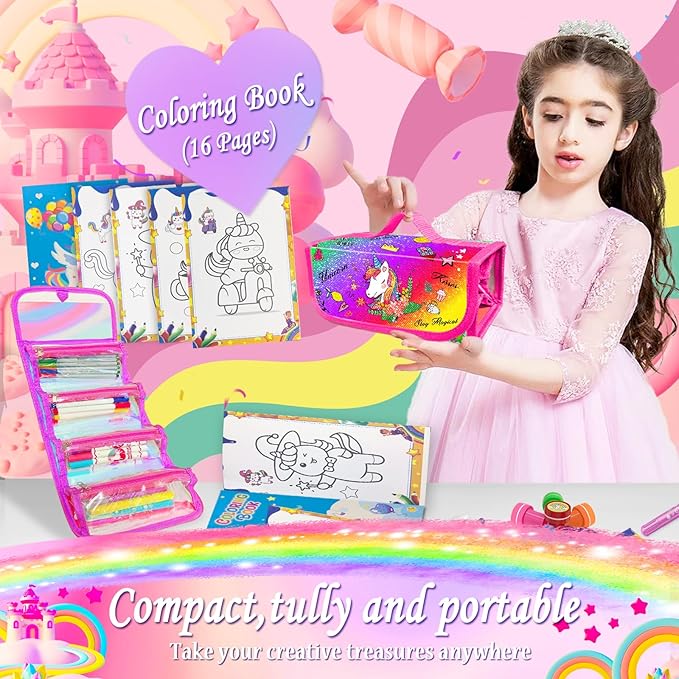 weirtoya 56 PCS Washable Scented Markers with Glitter Pencil Case, Mermaid Unicorn Arts and Crafts for kids 4-6-8 Kids Coloring Drawing Kits for 4-8 Years Old Girls Xmas Gifts Stocking Stuffers